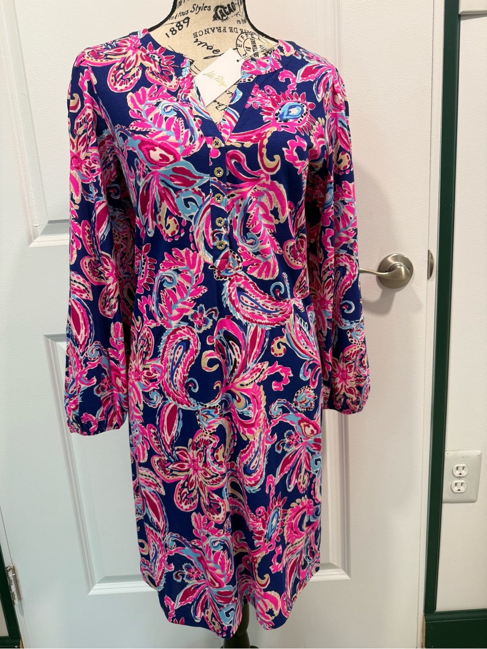 NWT Lilly Pulitzer Emery Dress M Flitting About Blue Pink Long Sleeve